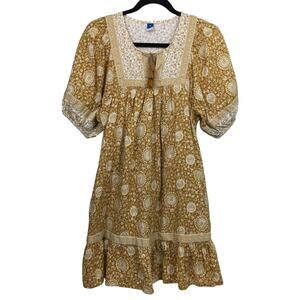 Old Navy Boho Floral Square Neck Keyhole Puff Sleeve Ruffle Peasant Dress M